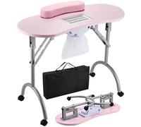 Tavolo da manicure portatile e pieghevole, postazione di lavoro per unghie con ruote bloccabili, poggiapolsi per postazione di lavoro da salone di bellezza a casa o in viaggio,Rosa