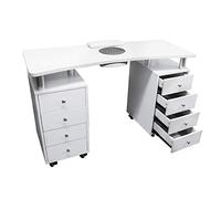 Tavolo da manicure professionale con aspiratore 50W e ruote con sistema di bloccaggio. All’interno della confezione è incluso anche un cuscino poggia mani in ecopelle.