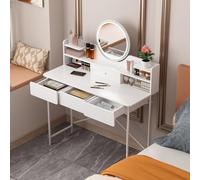 Tavolo da parrucchiere con grande specchio LED, scrivania vanità 4 cassetti e ripiani aperti, trucco per camera da letto, luce regolabile, armadio moderno bagno bianco