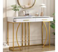 Tavolo da pranzo 120x38x76 cm con 2 cassetti stile lusso Leggero Piedini regolabili Vassoio MDF struttura in metallo bianco oro