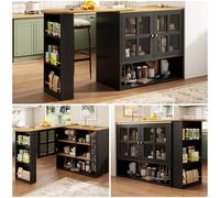 Tavolo da pranzo allungabile con spazio di archiviazione, tavolo bar rotante a 360° con ripiano snack e 5 ripiani, credenza sala da pranzo per cucine e ristoranti (nero 138-204x39x102,5 cm)