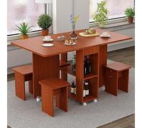 Tavolo da pranzo compatto allungabile e pieghevole con design a foglia a goccia, 2 ripiani, soluzione salvaspazio su 6 ruote, include 4 sgabelli.