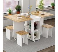 Tavolo da pranzo compatto allungabile e pieghevole con foglie cadenti e ripiano portaoggetti a 2 ripiani, design salvaspazio su 6 ruote, include 4 sgabelli per piccoli spazi.
