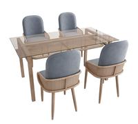 Tavolo da pranzo con tavolo in vetro temperato e sedie, struttura in rattan e schienale rivestito in velluto, gambe in legno, zona pranzo con spazio sotto il piano in vetro, seduta imbottita (tavolo