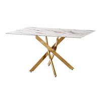 Tavolo da pranzo in vetro e marmo artificiale e gambe in metallo in oro bianco e nero 76x150x90 cm