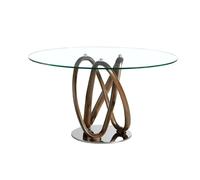 Tavolo da pranzo rotondo Angelo Cerdá 1020, in vetro temperato trasparente e gambe in legno, colore noce, Ø 150 x 75 cm