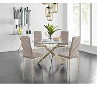 Tavolo da pranzo moderno rotondo in vetro con 4/6 eleganti sedie Milan Gold - Robusta base in metallo, rivestimento grigio cappuccino - ideale per sale da pranzo contemporanee