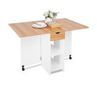 Tavolo da pranzo pieghevole mobile con 1 cassetto e 2 ripiani aperti per piccoli spazi, sala da pranzo e cucina, bianco