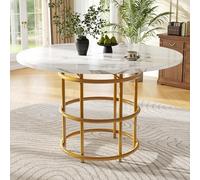 Tavolo da pranzo rotondo (100 x 100 x 76 cm), tavolo da cucina, tavolino rotondo per 4 - 6, adatto per sala da pranzo, soggiorno, gambe del tavolo in metallo, piano in marmo con gambe (bianco + oro)