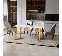 Tavolo da pranzo, vassoio in marmo, struttura in metallo, tavolo rettangolare moderno per cucina o soggiorno, bianco + oro/nero
