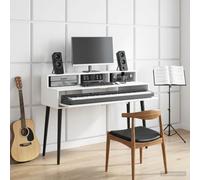 Tavolo da studio in legno, 152 x 42,5 x 36 cm, con ripiano per tastiera | Design compatto, ripiano estraibile, scomparti multiparti, versatile, facile da montare