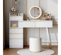 Tavolo da toeletta 100 x 41,5 x 102 cm con specchio LED regolabile, tavolo da trucco con 6 cassetti e manico in oro, tavolino moderno con spazio di archiviazione, scrivania estensibile, nessuno