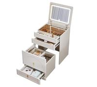Tavolo da toeletta 3 in 1 con specchio LED a 3 colori e sgabelli, mobile da toeletta compatto con piano in vetro e 3 cassetti per la camera da letto, bianco, 60 cm, il tavolo da toeletta perfetto per