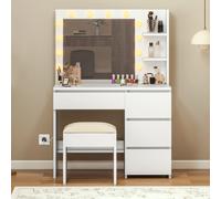 Tavolo da toeletta Balconera con specchio e sgabello a LED - Scrivania per trucco bianca con 4 cassetti, scomparti aperti e illuminazione regolabile