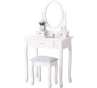 Tavolo da toeletta bianco con specchio girevole, tavolo da trucco con 3 cassetti, set di sgabelli da trucco in legno per camera da letto