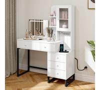 Tavolo da Toeletta con cassettiera laterale,Più spazio di archiviazione, tavolo da trucco con luce LED e presa regolabili, Bianco Questo prodotto viene inviato in più pacchetti. Una volta ricevuto il