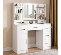 Tavolo da toeletta con illuminazione, 3 colori, luminosità regolabile, specchio vanity table con prese, tavolo da toeletta con 7 cassetti, 5 scomparti aperti, 1 armadio, ripiano regolabile per
