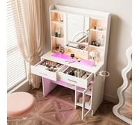 Tavolo da toeletta con illuminazione a LED, 3 colori, luminosità regolabile, tavolo da trucco con presa di corrente, cassetti, piano in vetro, stile moderno (bianco, 86,8 x 40 x 145 cm)