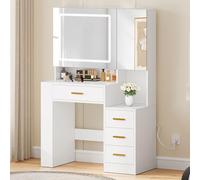 Tavolo da toeletta con illuminazione, cassetti in tessuto con specchio, luminosità regolabile, tavolo da toeletta con porte, tavolo da trucco con ripiano per gioielli, ripiani regolabili, colore legno