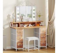 Tavolo da toeletta con illuminazione, cassetti in tessuto con specchio, luminosità regolabile, tavolo da toeletta con porte, tavolo da trucco con ripiano per gioielli, ripiani regolabili, colore legno