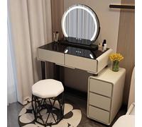 Tavolo da toeletta con illuminazione rotonda a 3 colori, sgabello imbottito, cassettiera, mobiletto laterale, perfetto per piccole camere da letto e spogliatoi per ragazze e donne.