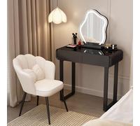 Tavolo da toeletta con luci e specchio, sedia da scrivania in vetro temperato nero per camera da letto, studio, sgabello a forma di petalo (70 x 40 x 78 cm)