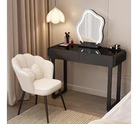 Tavolo da toeletta con luci LED e specchio, elegante scrivania in vetro temperato nero, sedia a forma di petalo, ideale per camera da letto e studio, design compatto: 80 x 40 x 78 cm