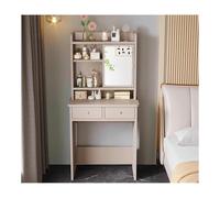 Tavolo da toeletta con ripiani aperti e cassetto portaoggetti, elegante stazione per il trucco con piano in legno, perfetto per decorare e organizzare la camera da letto