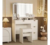 Tavolo da toeletta con sgabello, tavolo da toeletta con grande specchio a LED regolabile e prese, credenza, cassettiera con 4 cassetti, 3 scomparti aperti e 1 ripiano aperto, bianco per camera da