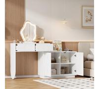 Tavolo da toeletta con specchio a LED, temperatura della luce regolabile a 3 livelli, tavolo da toeletta con specchio, 2 cassetti e un armadio con 4 scomparti, per camera da letto, bianco, 160 x 40 x