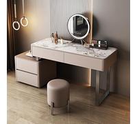 Tavolo da toeletta con specchio e illuminazione, 4 cassetti, in legno massello, con portaoggetti laterale e sgabello, design elegante, 79,8 cm, perfetto per la decorazione della camera da letto