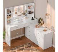 Tavolo da toeletta con specchio illuminato a LED, 8 cassetti, 6 ripiani, 3 modalità colore e luminosità regolabile, mobiletto da toeletta angolare, cambio a L, bianco 2 Confezioni: Questo mobiletto è 