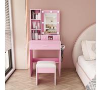 Tavolo da toeletta con specchio LED, presa, 1 cassetto grande e 2 cassetti | 3 colori di luce + dimmerabile per cambiare la luce della stanza; prese + supporto per asciugacapelli per lo styling e il