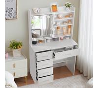 Tavolo da toeletta con specchio per il trucco e luce LED, 5 cassetti, ripiano, scrivania da toeletta, cassettiera Descrizione del prodotto:Questa toletta ha un design elegante e un ampio piano d'appog