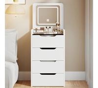 Tavolo da toeletta con specchio ribaltabile e luci a LED, tavolo da trucco integrato per piccoli spazi, ottomana nascosta e comodino, bianco, 60 cm