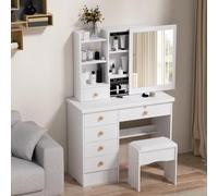 Tavolo da toeletta con specchio, scrivania con specchio scorrevole, scrivania per trucco con sedia, 6 cassetti e ripiani aperti, scrivania con spazio nascosto e sgabello, tavolo da trucco regalo per