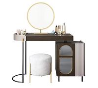 Tavolo da toeletta con specchio, sgabello, cassetti e armadietto, tavolo da trucco, cosmetici, cassettiera, camera da letto, bagno, B