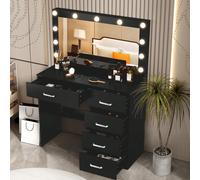 Tavolo da toeletta da 31,5 pollici con specchio e illuminazione, toletta con cassetti e spazio di archiviazione, 3 colori di illuminazione regolabili, tavolo da toeletta nero per camere da letto di ra