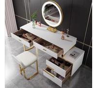 Tavolo da toeletta in pelle di lusso con specchio e luci, per donna, ecologico, con 4 grandi cassetti e sgabelli (bianco, 120 cm)