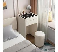 Tavolo da toeletta moderno con ricarica wireless e contenitore compatto, ideale per piccoli spazi, include specchio cosmetico con luci e sgabello nascosto