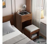 Tavolo da toeletta moderno con ricarica wireless e contenitore compatto, ideale per piccoli spazi, include specchio cosmetico con luci e sgabello nascosto