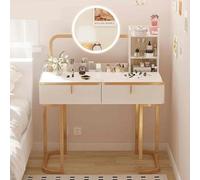 Tavolo da toeletta moderno con specchio, 2 grandi cassetti e 3 luci a LED, ripiani aperti, design salvaspazio, 100 cm (stile 1 senza sgabello), perfetto per la camera da letto o la stazione di trucco.