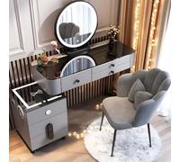Tavolo da toeletta moderno con specchio illuminato a LED e sgabello, 5 cassetti, toeletta per trucco, elegante cassettiera per camera da letto, per donne e ragazze, grigio, 100 cm