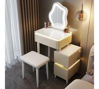 Tavolo da toeletta moderno in legno bianco con sgabello imbottito, elegante scrivania per trucco per camera da letto e piccoli spazi, design compatto (quadrato kaki, 50 cm)