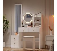 Tavolo da toilette 4-in-1 per scarpe, tavolo da trucco, con specchio a figura intera e specchio da tavolo girevole, sgabello da toilette, illuminazione LED a 3 colori, maniglia in metallo, bianco,