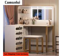 Tavolo da trucco a forma di L Comanlai, cassettiera bianca con sgabello imbottito, luci a LED, specchio e 5 cassetti, mobili da camera da letto per donna