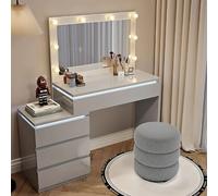 Tavolo da trucco a LED con sgabello, 3 colori a induzione, materiale in legno, design elegante, compatto, 80 x 40 x 78 cm