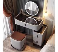 Tavolo da trucco a LED con specchio girevole a 360°, ripiano in vetro temperato, sgabello per trucco con contenitore, set completo di bellezza per routine glamour