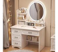 Tavolo da trucco a LED con specchio, illuminazione a 3 colori, 4 cassetti, scrivania per cosmetologia, 130 × 80 × 37 cm, elegante stazione di bellezza bianca, sgabello non incluso