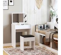 Tavolo da Trucco con Sgabello, Vano Contenitore (10 Scomparti) Specchio Richiudibile, MDF Bianco, 60.2 x 40.2 x 79cm Description:Come ogni scrigno dei tesori, anche questo tavolo da trucco racchiude t